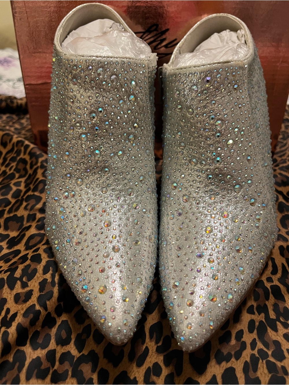 Embellished Silver Pointed Toe Women's Mules